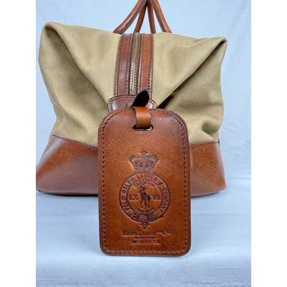 Polo Ralph Lauren Duffle Bag Safari XL Tan Cognac Canvas Leather  (23 x 12 x 10)